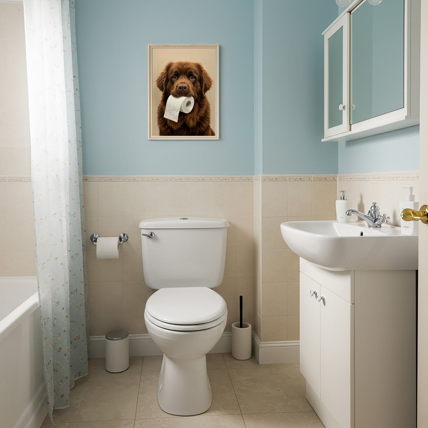 Terre-neuve mordant un rouleau de papier toilette, Humour Toilettes, Poster WC, Cadeau Terre-neuve, Affiche encadrée, Poster chien