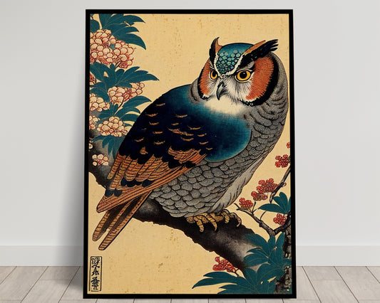 Japanese Owl Poster - Nipponese Art, Owl Wall Art, Japanese Illustration, Decorative Wall Poster