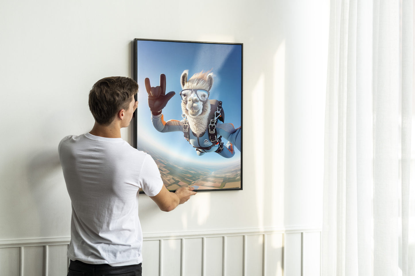 Affiche murale Lama en chute libre - Poster Animal Skydiving, Décoration Sport Extrême, Idée Cadeau Unique