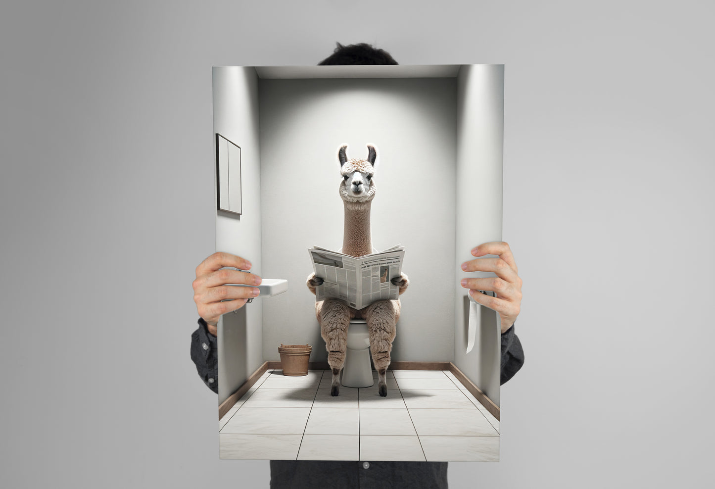 Funny Alpaca on Toilet Reading Newspaper Poster - Unique Bathroom Wall Art Decor - Humorous WC Gift