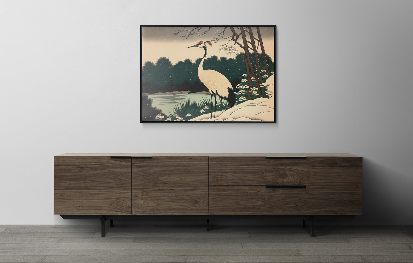 Japanese Crane Poster in Snowy Winter Landscape – Lake, Forest & Japanese Art Style – Asian Wall Decor