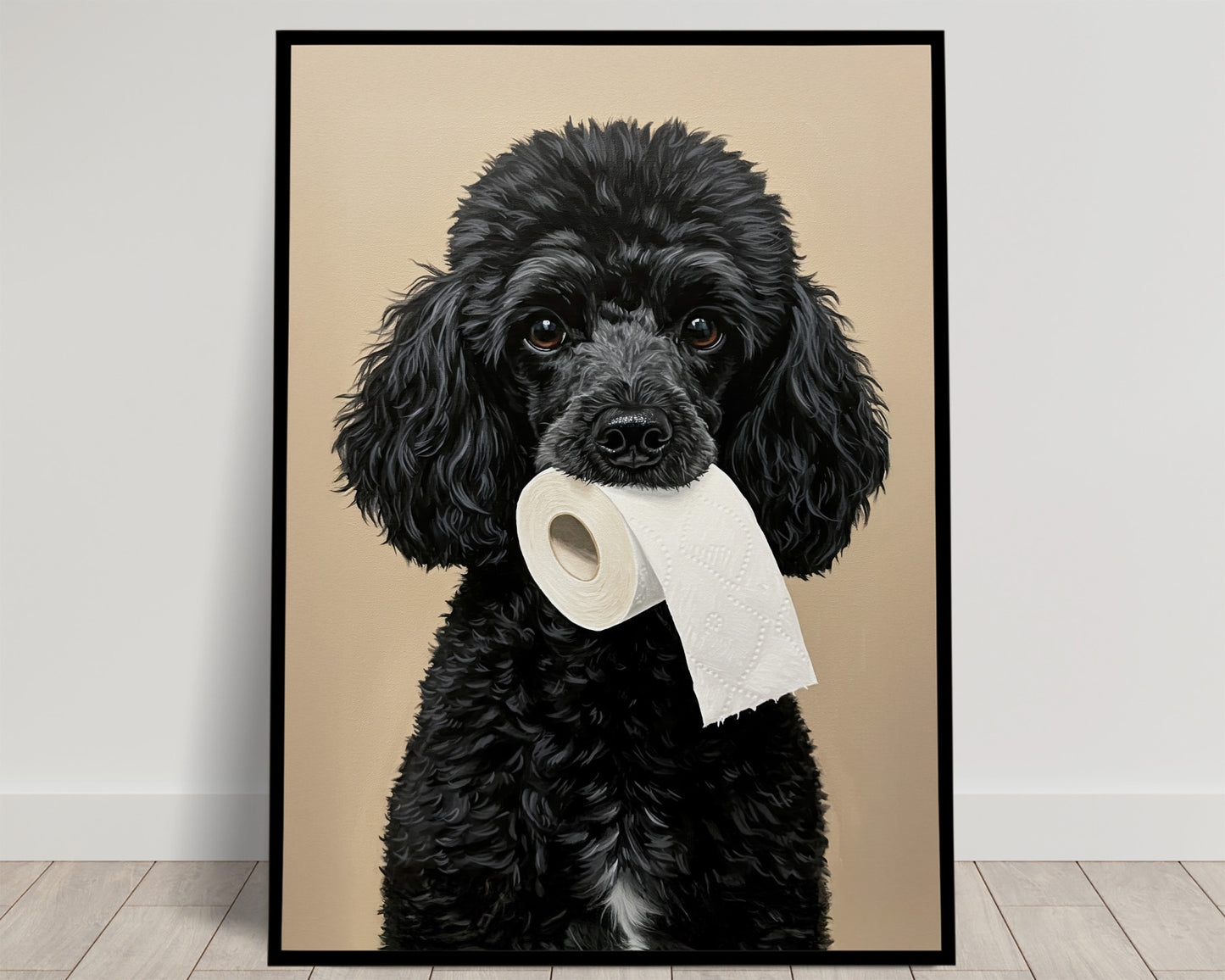 Caniche mordant un rouleau de papier toilette, Humour Toilettes, Poster WC, Cadeau Caniche, Affiche encadrée, Poster chien