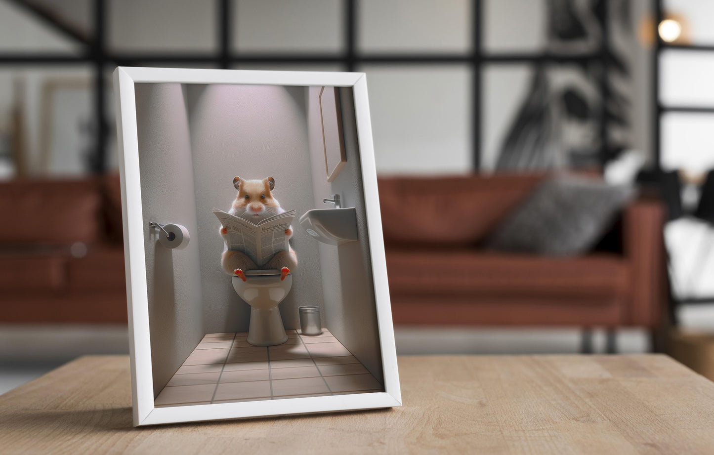 Hamster Reading Newspaper Poster - Funny Bathroom Wall Art, Unique WC Decor, Gag Gift for Toilet Room