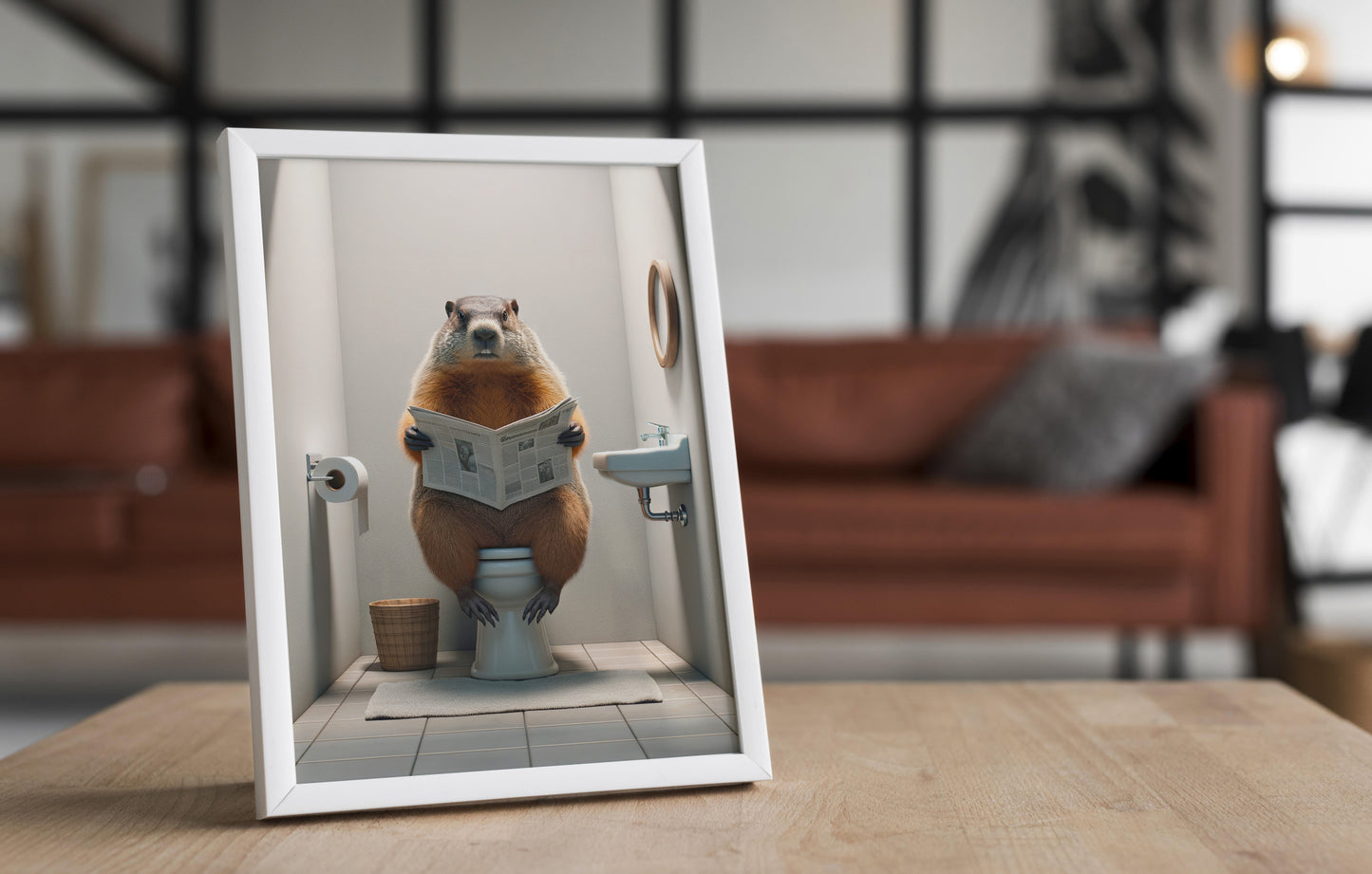 Groundhog Reading Newspaper Poster - Funny Bathroom Wall Art Decor, Unique Gag Gift for Toilet or WC