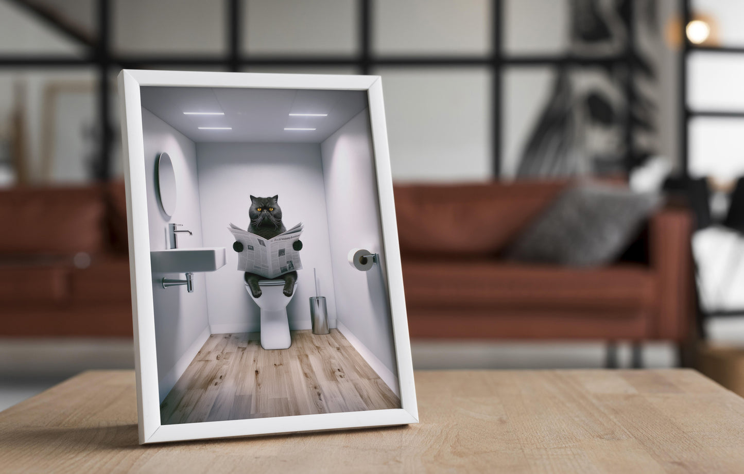 Affiche murale Chat Exotic Shorthair Noir drôle lisant sur les toilettes - Déco WC & Salle de Bain, Cadeau Original Chat