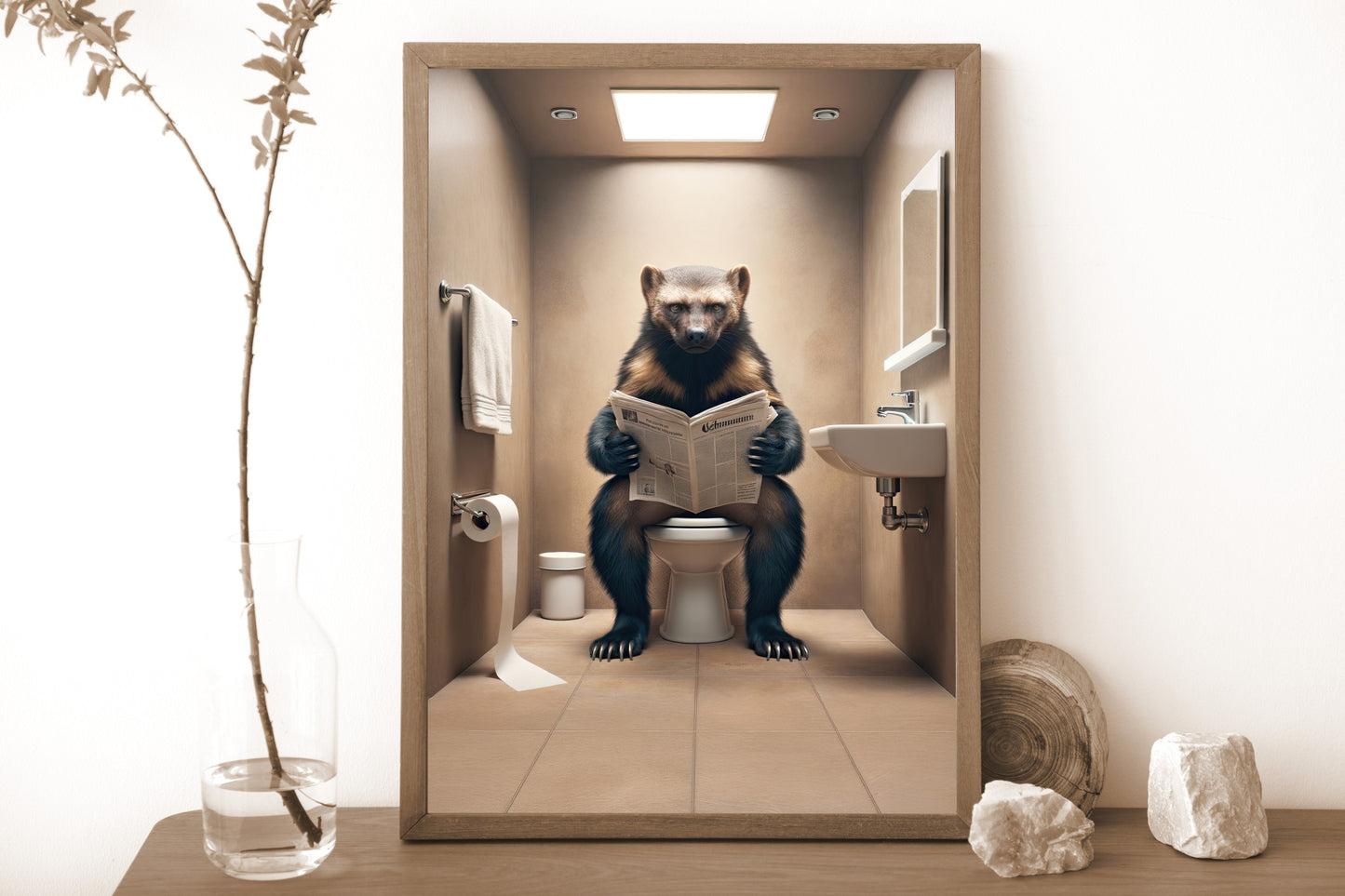 Poster Humour : Glouton lisant le journal sur WC, Décoration Salle de Bain, Cadre Déco Toilette, Idée Cadeau Originale