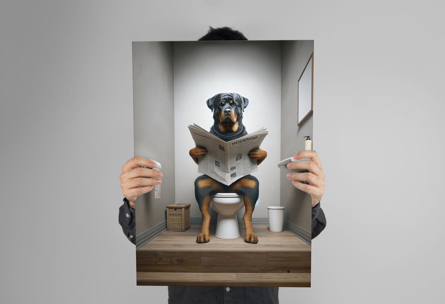 Rottweiler on Toilet Reading Newspaper Poster - Fun Bathroom Wall Art, Unique WC Decor, Humorous Gift