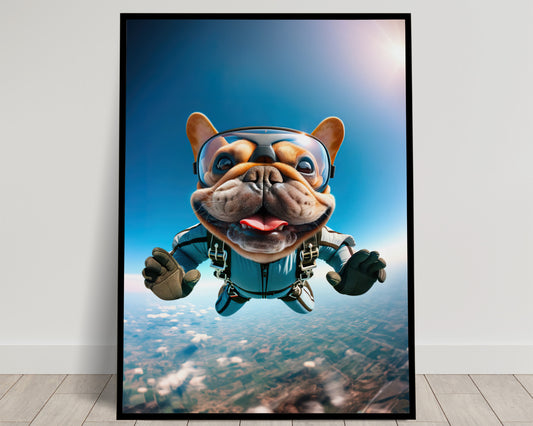 "Epic Skydiving French Bulldog Poster - Unique Animal Print Wall Art for Dog Lovers & Extreme Sport Décor"