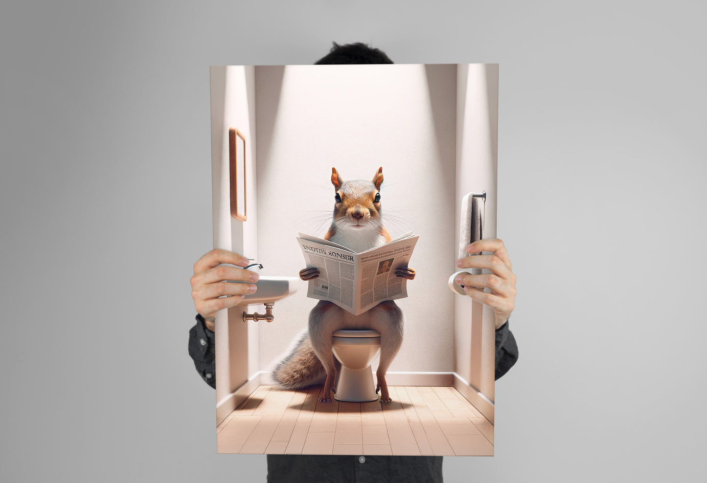 Funny Squirrel Reading Newspaper Toilet Poster - Unique Gag Gift Bathroom Wall Art Decor for WC