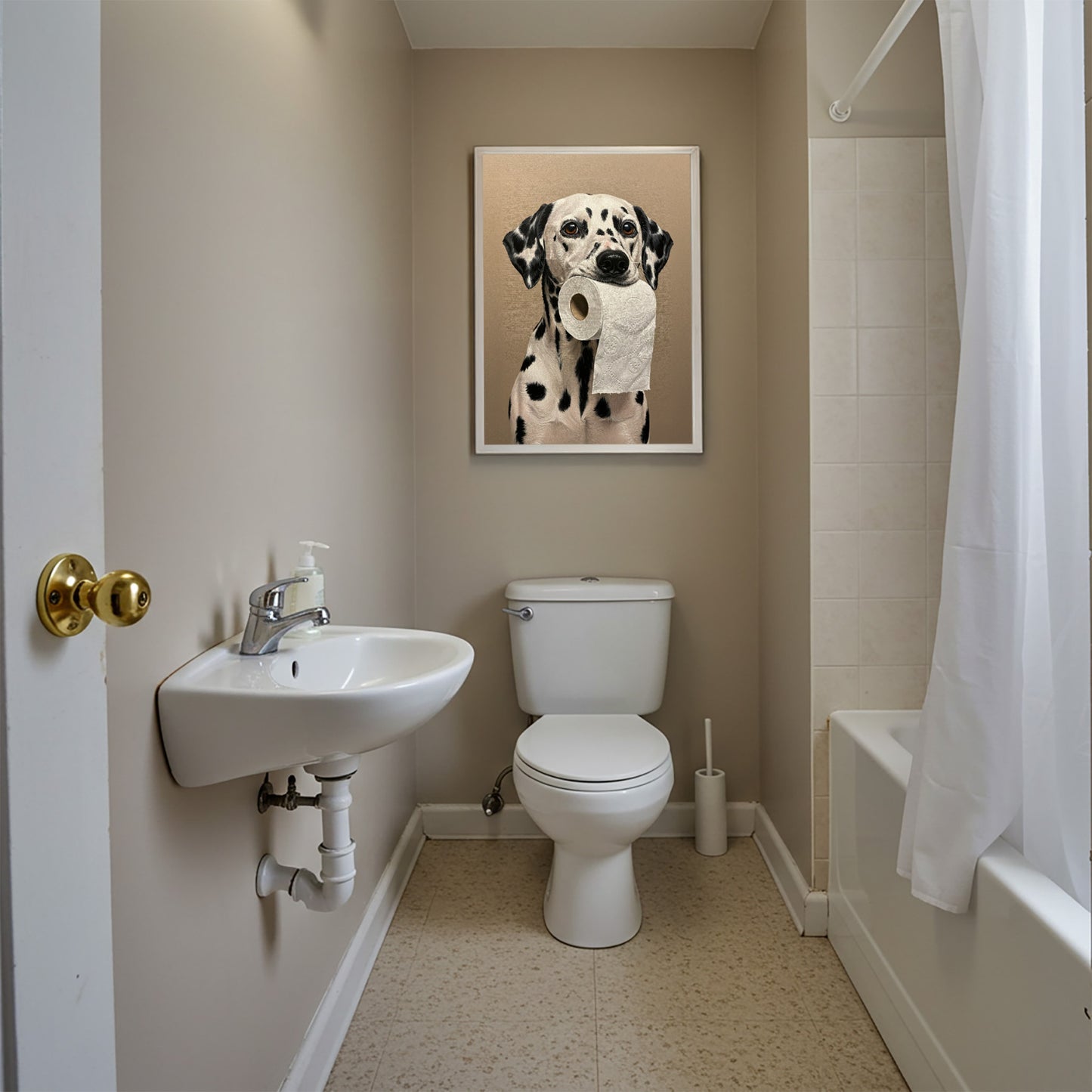 Dalmatian with toilet paper roll in mouth, Toilet Humor, Dalmatian Gifts, Bathroom Print, Dog Lover Gift, WC Wall Art, Framed Print
