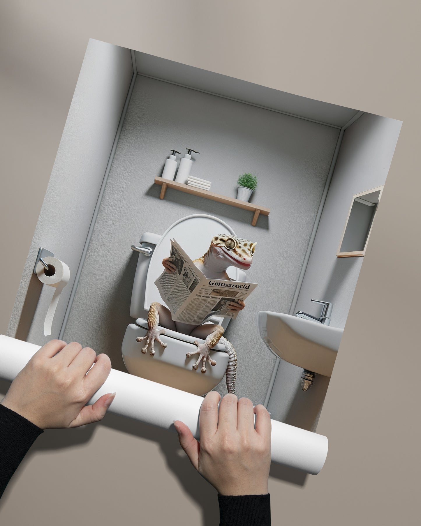 Gecko Reading Newspaper Toilet Poster - Funny Bathroom Decor, Unique WC Wall Art, Hilarious Gift Idea