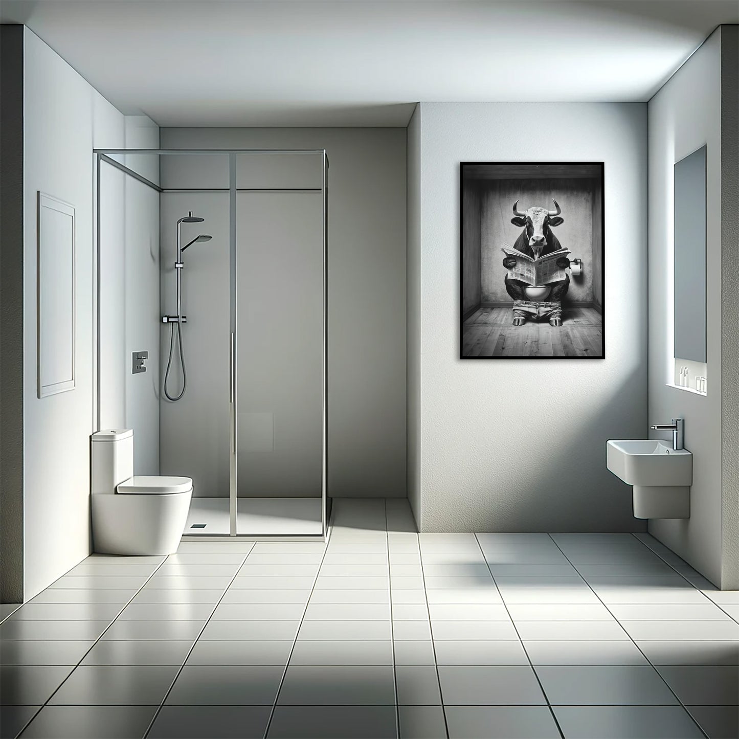 Poster Humoristique Taureau Lisant le Journal, Déco Toilette et Salle de Bain, Idée Cadeau Fun et Original, Affiche Murale