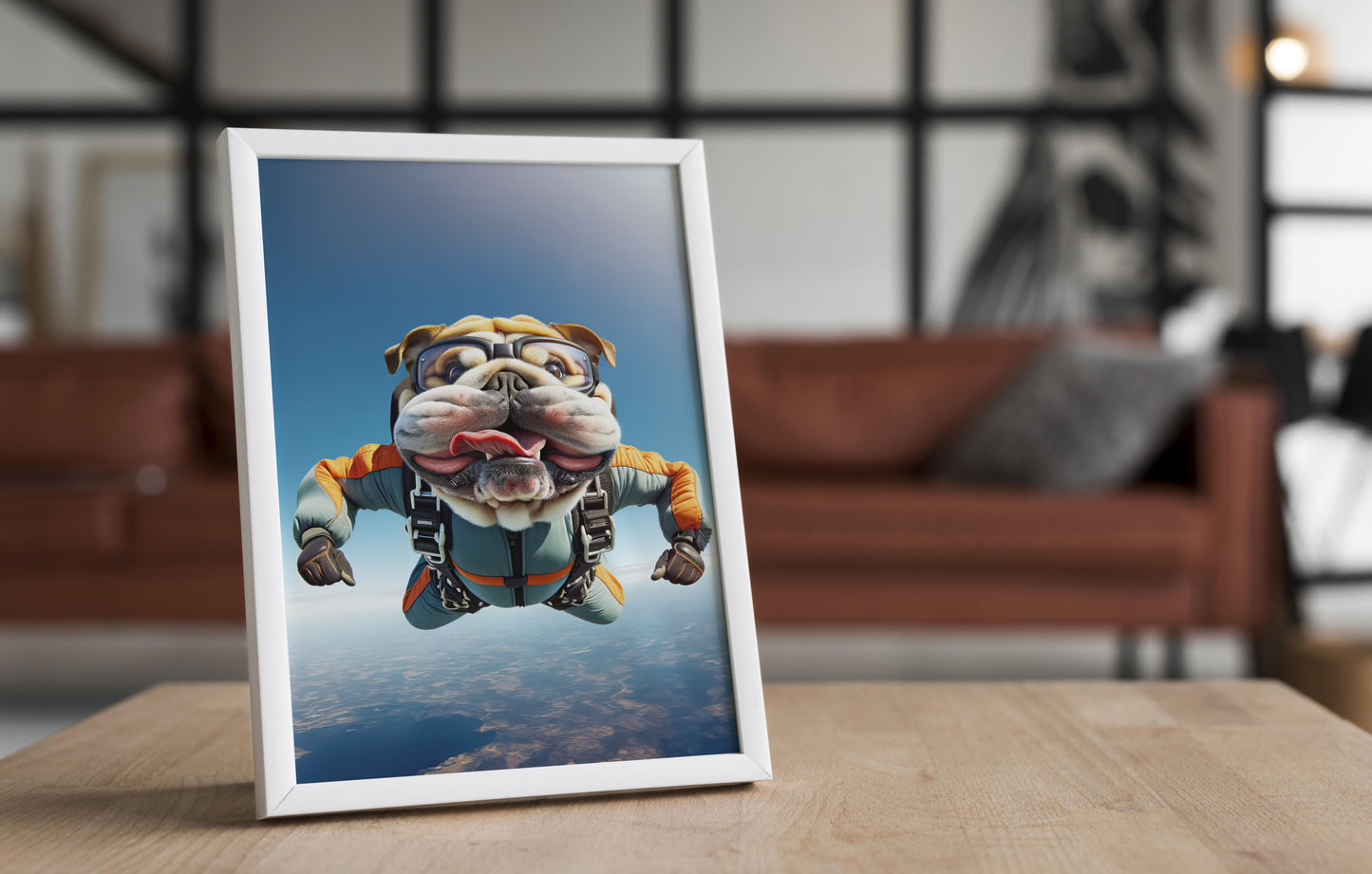 Affiche murale Bulldog Anglais en chute libre, Poster Saut en Parachute, Décor Animal Skydiving, Idée cadeau unique