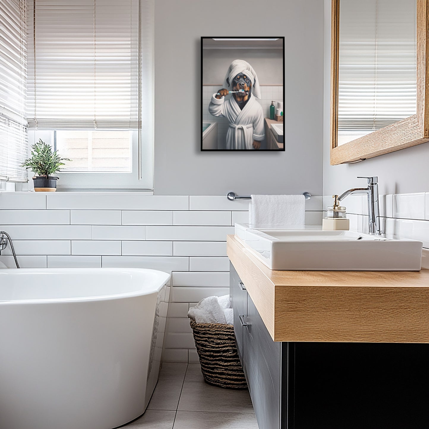 Portrait d'un Rottweiler se brossant les dents en peignoir, Cadre Salle de bain, Déco Humour, Poster SDB, Cadeau Fun, Affiche encadrée