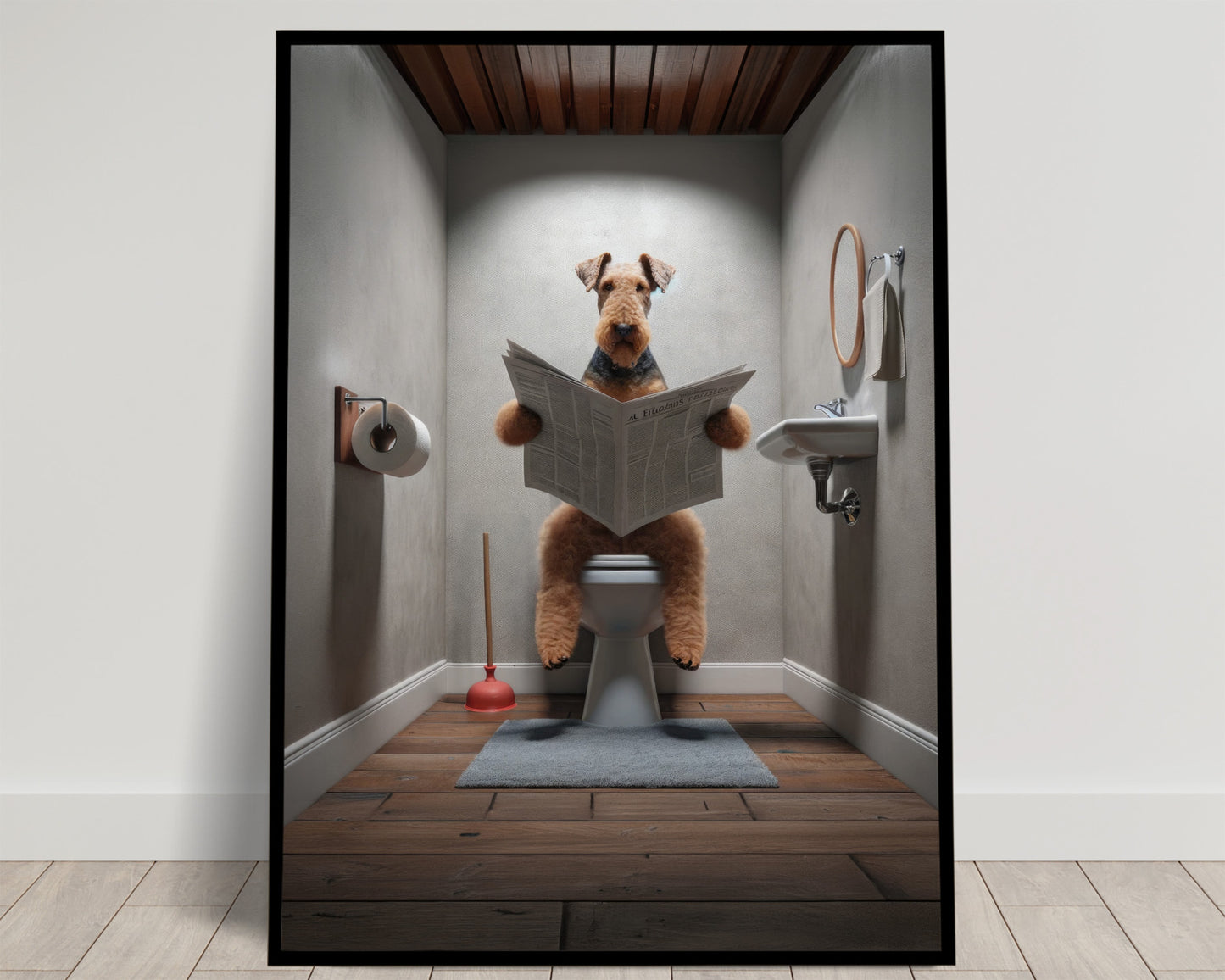 Airedale Terrier Reading Newspaper Poster - Fun Bathroom Decor, Unique WC Wall Art, Perfect Gift Idea