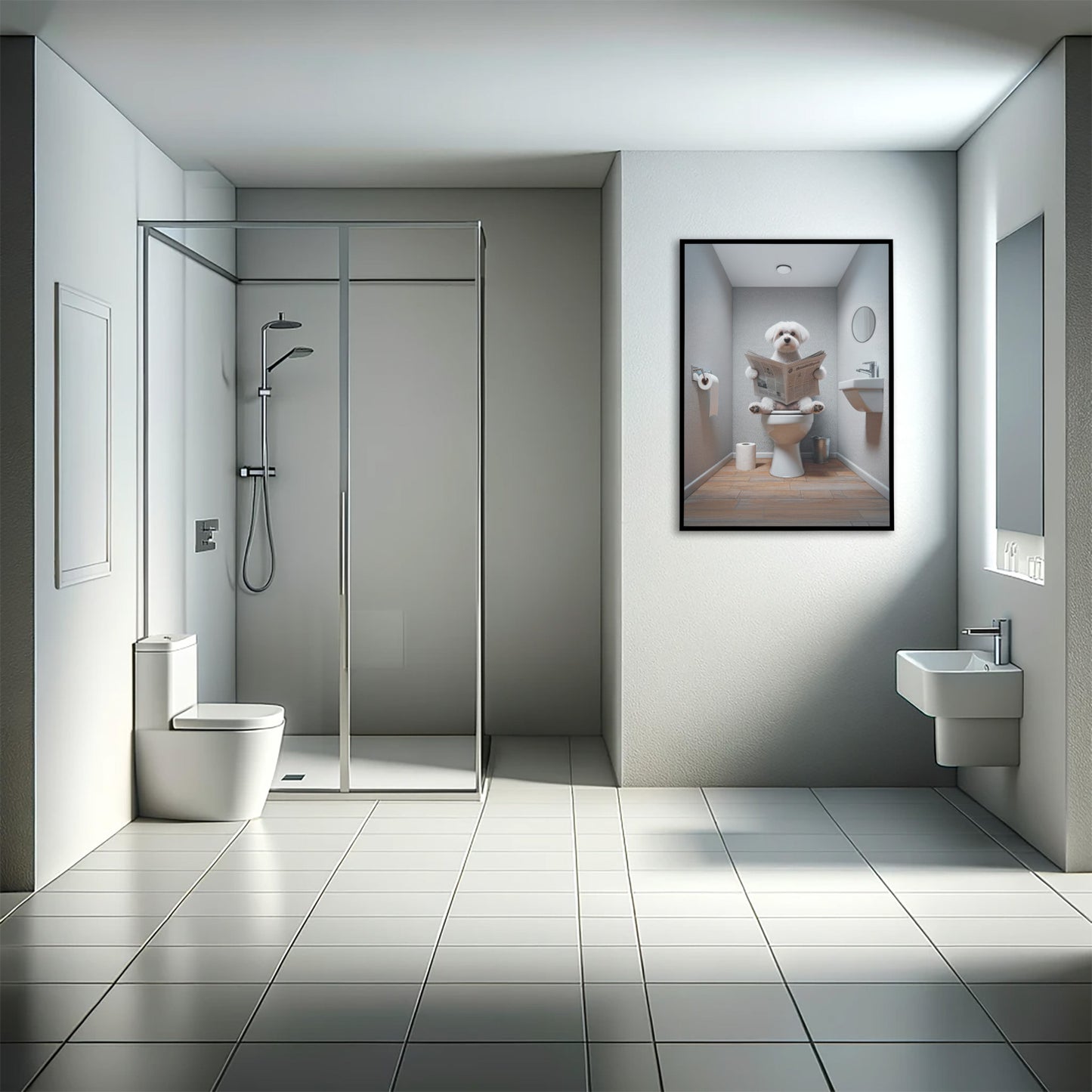 Poster Humour Bichon Maltais lisant le journal, Décoration WC, Salle de bain, Cadeau Amusant, Art Mural