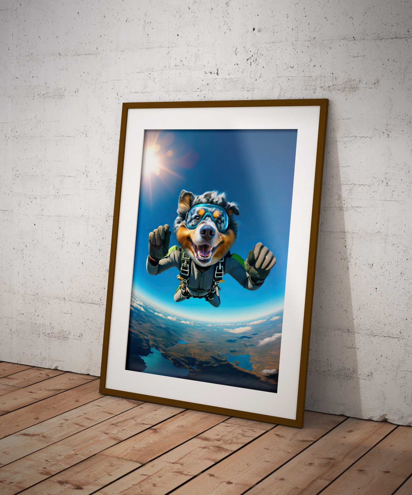Australian Shepherd Skydiving Poster - Epic Animal Wall Art, Free Fall Dog Print, Extreme Sport Decor, Unique Dog Lover Gift