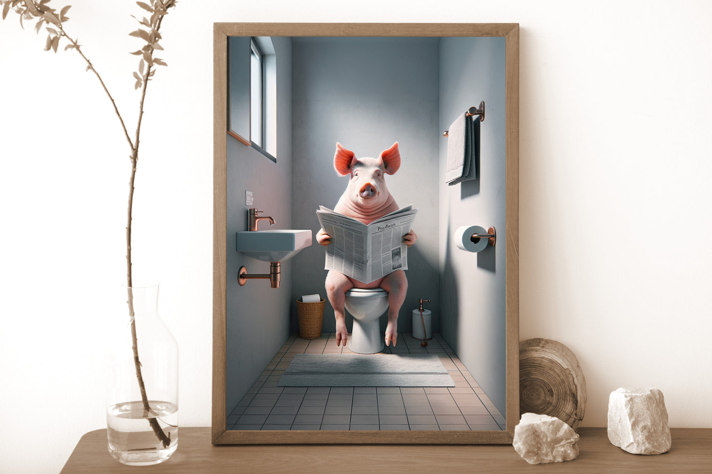 Funny Pig Reading Newspaper Poster - Quirky Bathroom Wall Art, Unique WC Decor, Humorous Gag Gift for Toilet Room
