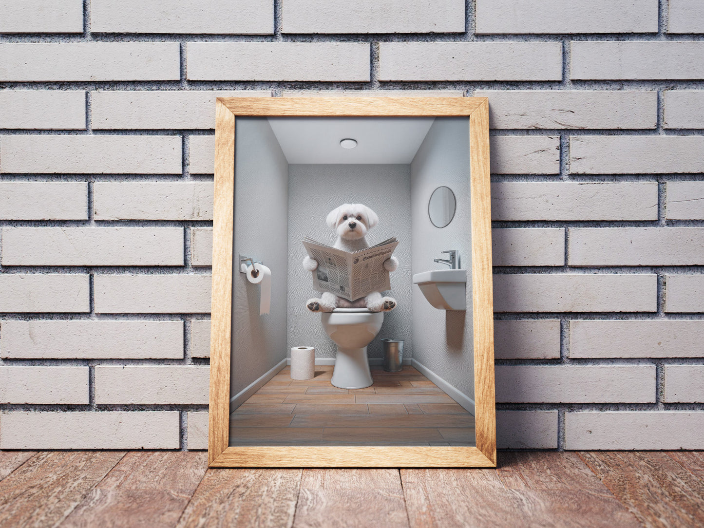 Poster Humour Bichon Maltais lisant le journal, Décoration WC, Salle de bain, Cadeau Amusant, Art Mural