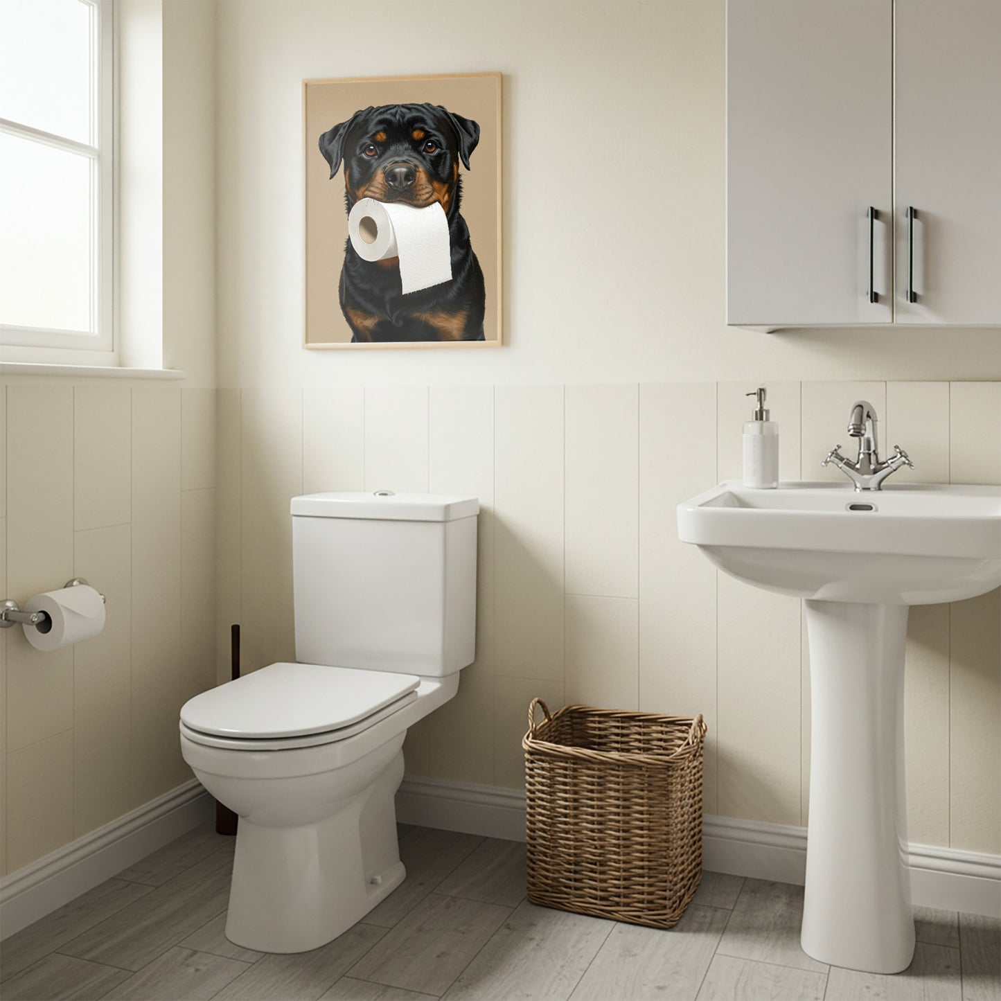 Rottweiler mordant un rouleau de papier toilette, Humour Toilettes, Poster WC, Cadeau Rottweiler, Affiche encadrée, Poster chien