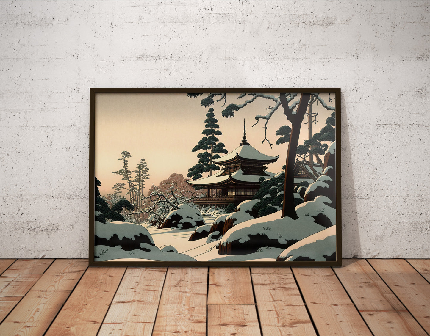 Poster Temple Japonais sous la Neige, Décoration Murale, Illustration Art Japonais, Paysage Montagne à Encadrer