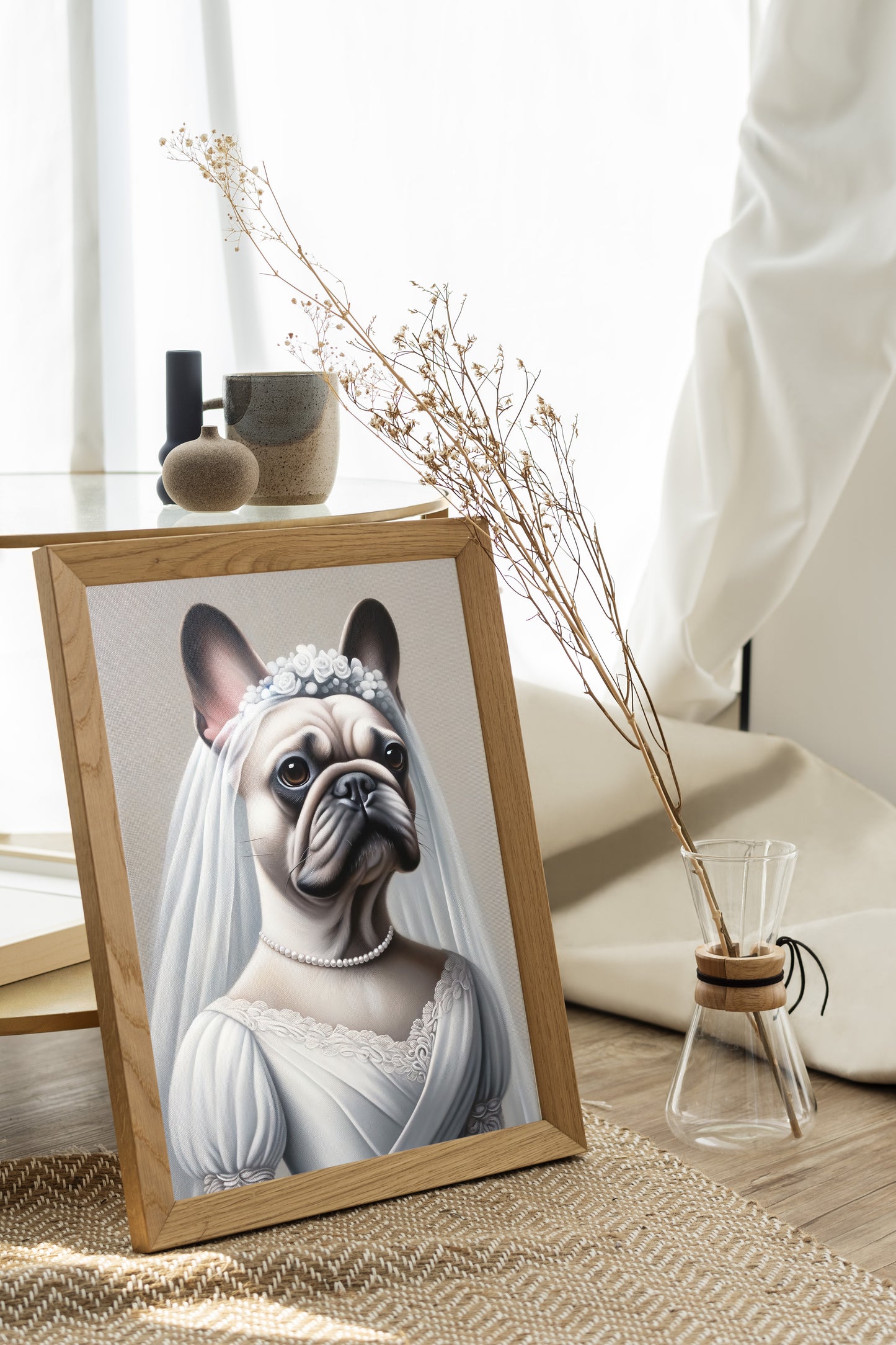 Affiche Bouledogue Français en Mariée - Poster Chien Humour Décoration Murale Animaux Mariage