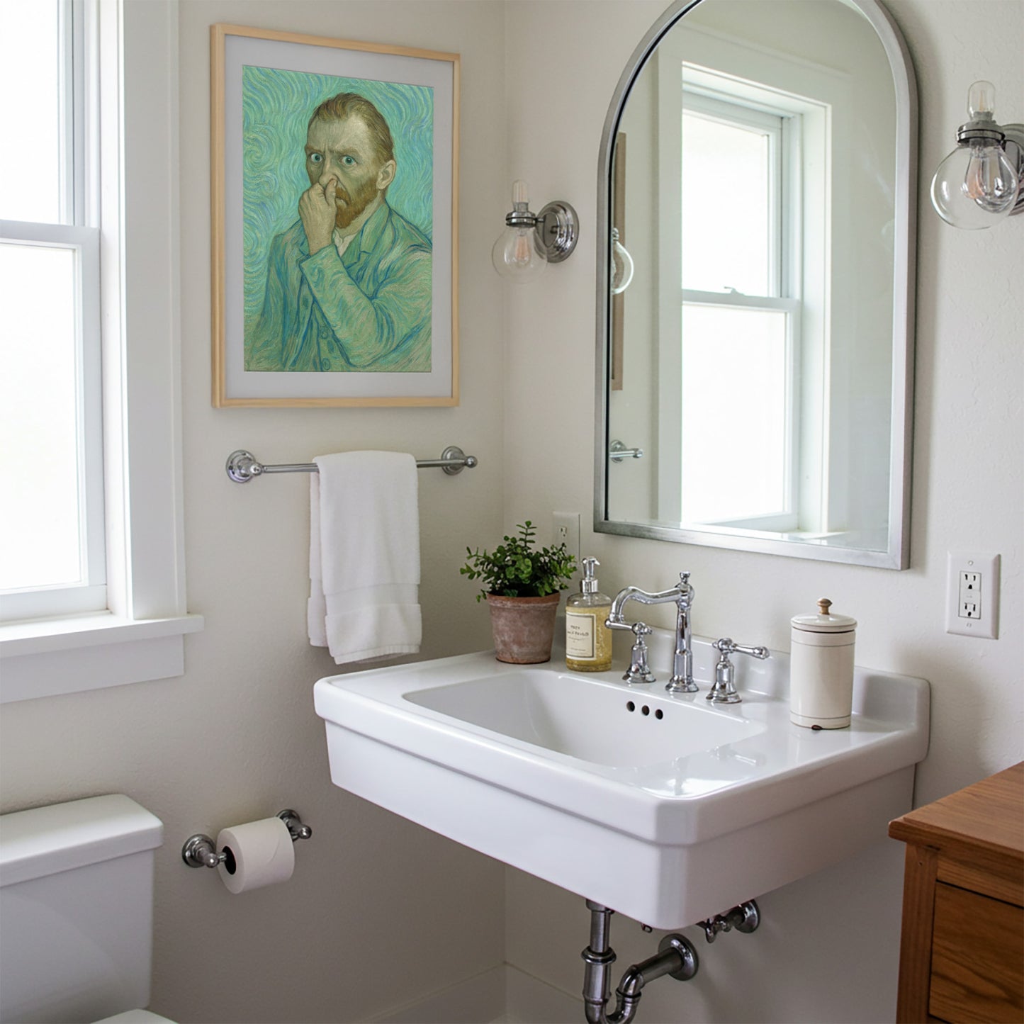 Funny Van Gogh Bathroom Poster – Toilet Humor Wall Art, Quirky Restroom Decor, Parody Framed Print, Unique Gift for Home