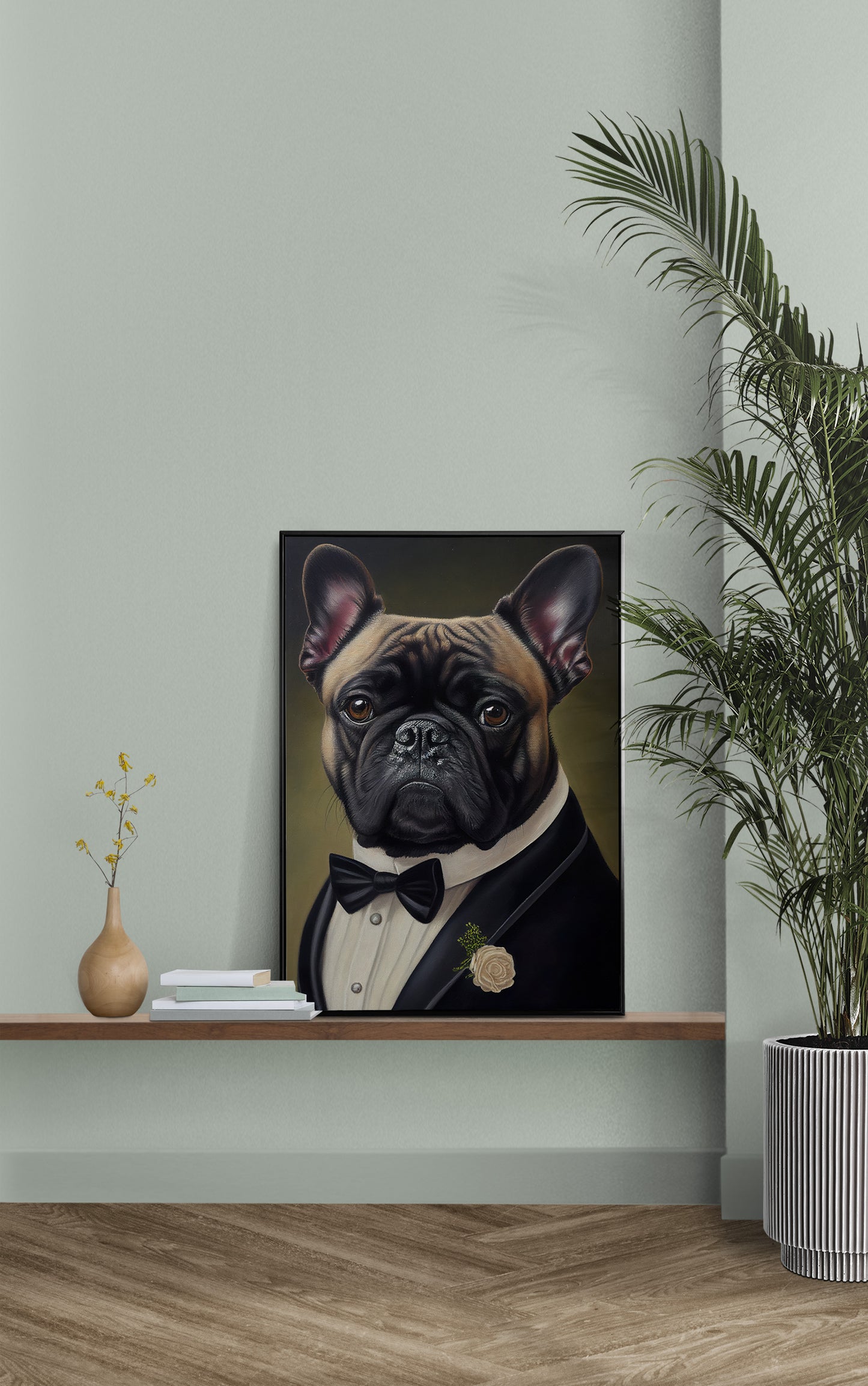 Chic French Bulldog Poster in Tuxedo - Humorous Wall Art Print - Elegant Dog Portrait Decor