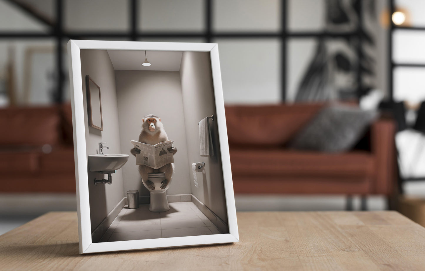 Funny Macaque Reading Newspaper Poster for Bathroom - Unique Wall Art & Gag Gift Decor for WC Toilet