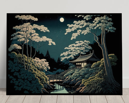 Japanese Garden Moonlight Poster | Nippon Art Style Zen Garden Wall Decor | Tranquil Landscape Wall Art