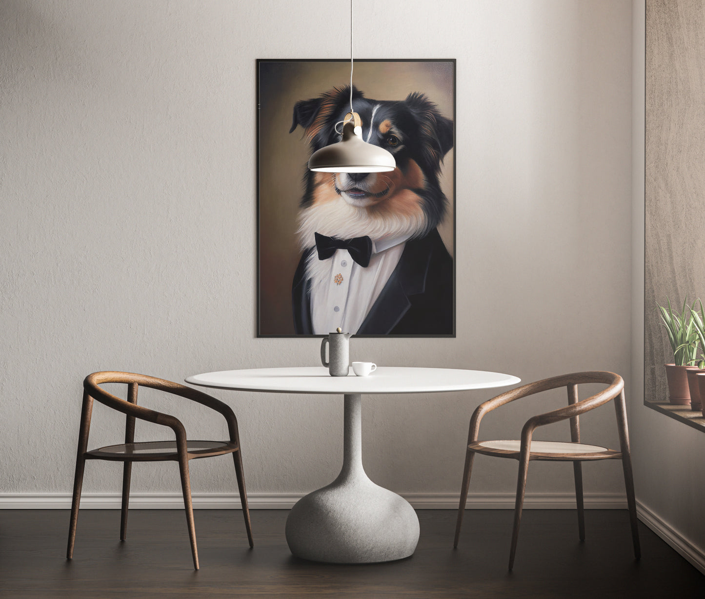 Poster Chien Chic - Portrait Berger Australien en Smoking, Tableau Humour, Décoration Murale