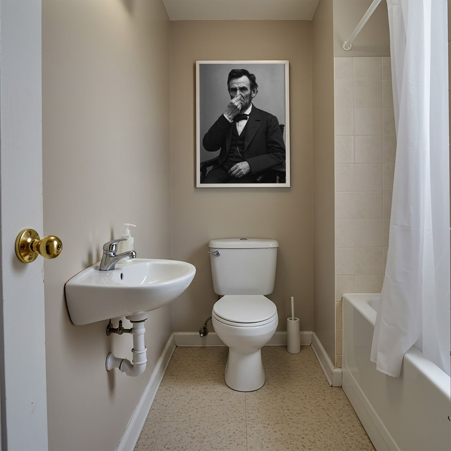 Funny Abraham Lincoln Bathroom Poster – Quirky Toilet Humor Wall Art, President Parody, Framed Restroom Decor, Unique Gag Gift