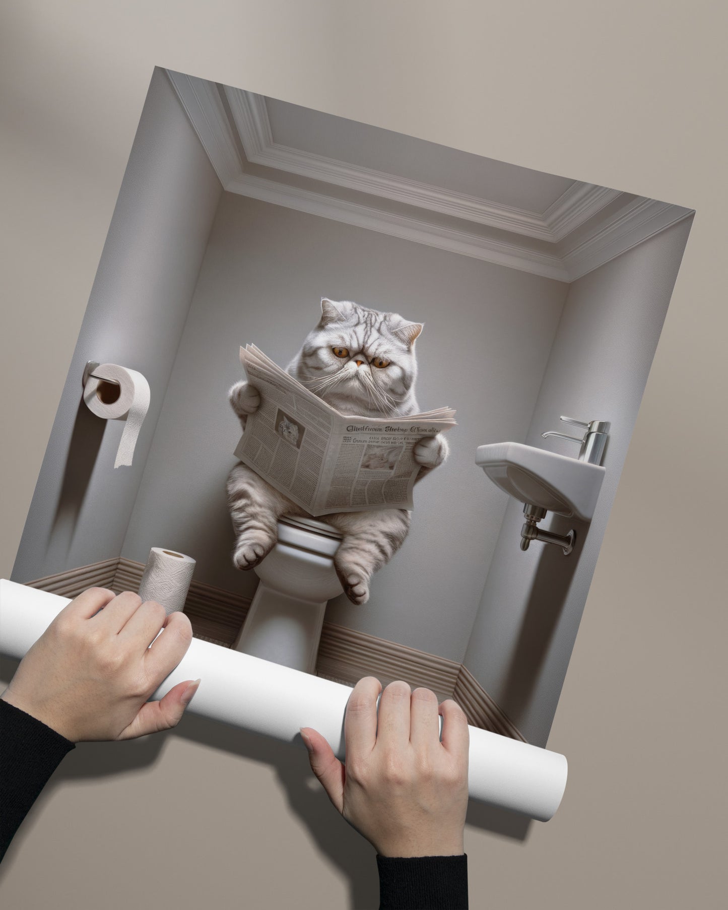 Affiche Murale Chat Exotic Shorthair Gris, Déco Humour WC & Salle de Bain, Poster Cadeau Original Chat Toilettes