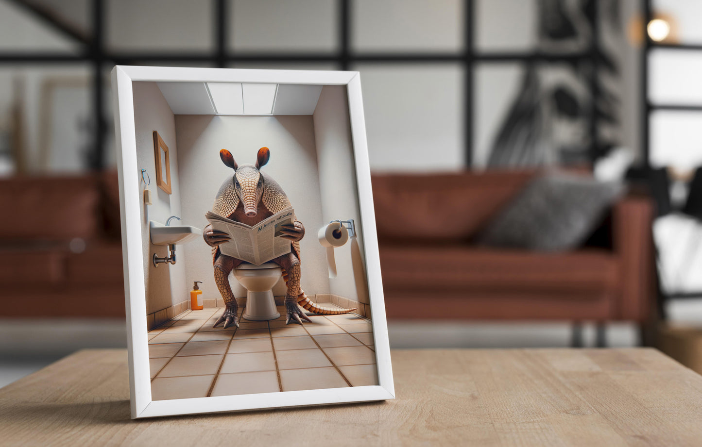 Armadillo Reading Newspaper Poster - Funny Bathroom Wall Art Decor - Unique WC Toilet Gag Gift