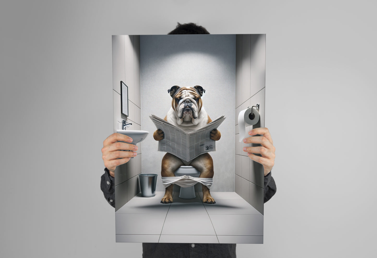 English Bulldog Reading Newspaper Poster – Fun Bathroom Decor, Unique WC Toilet Wall Art, Perfect Gift