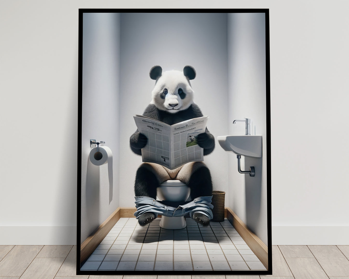 Panda Reading Newspaper Toilet Poster - Funny Bathroom Wall Art - Unique Gift Idea