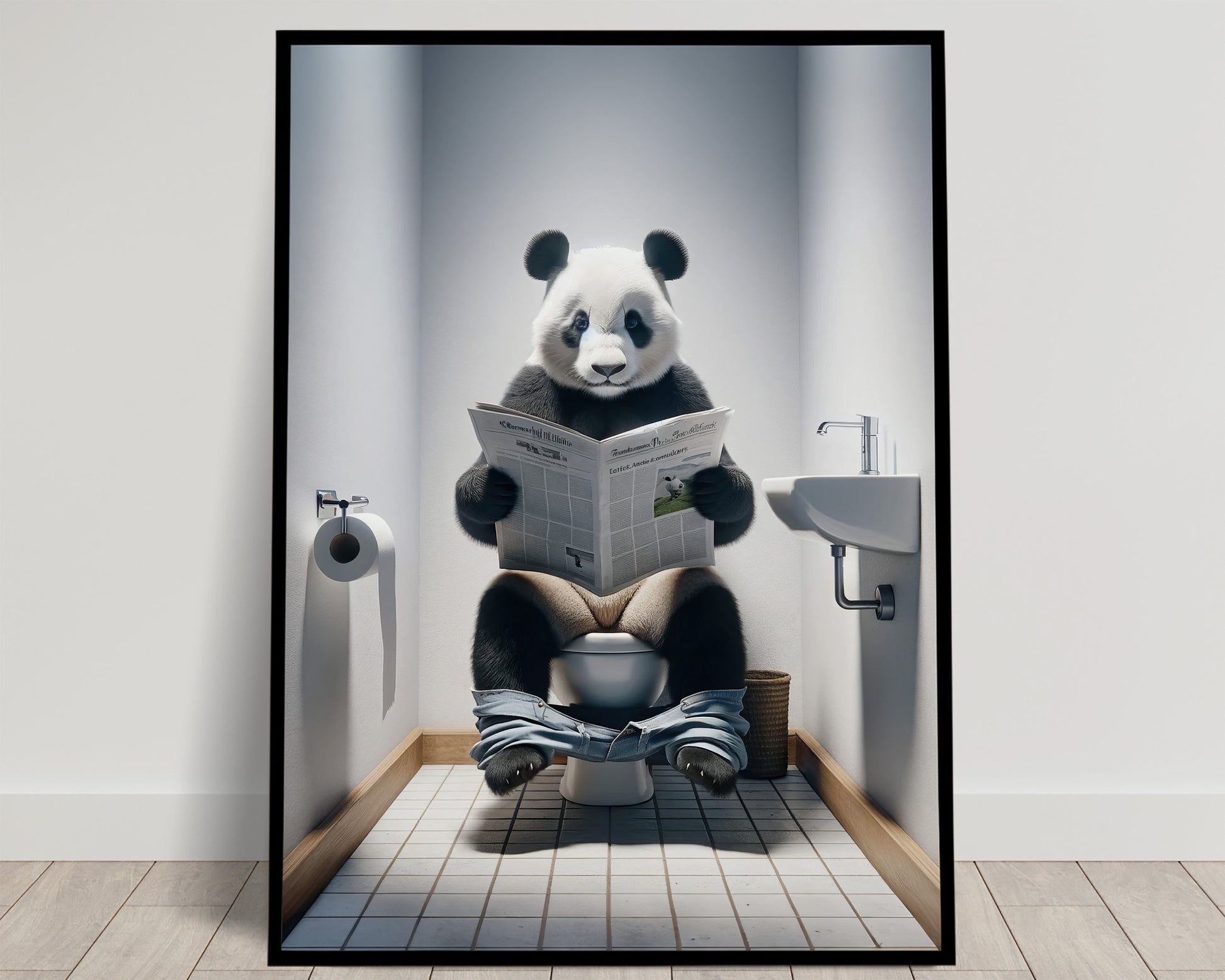 Panda Reading Newspaper Toilet Poster - Funny Bathroom Wall Art - Unique Gift Idea