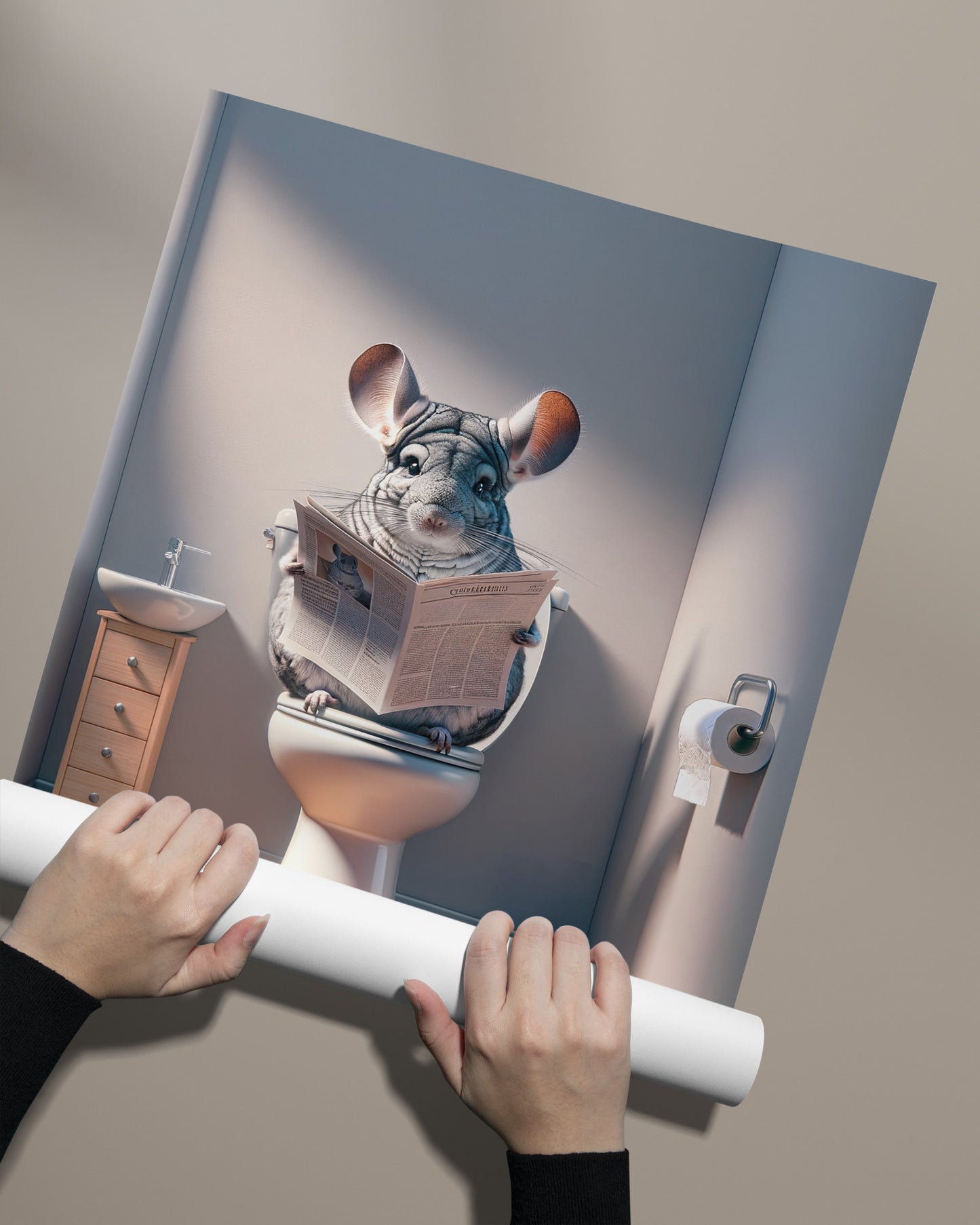 Chinchilla Reading Newspaper Poster - Funny Bathroom Wall Art & Unique Gag Gift for WC Decor