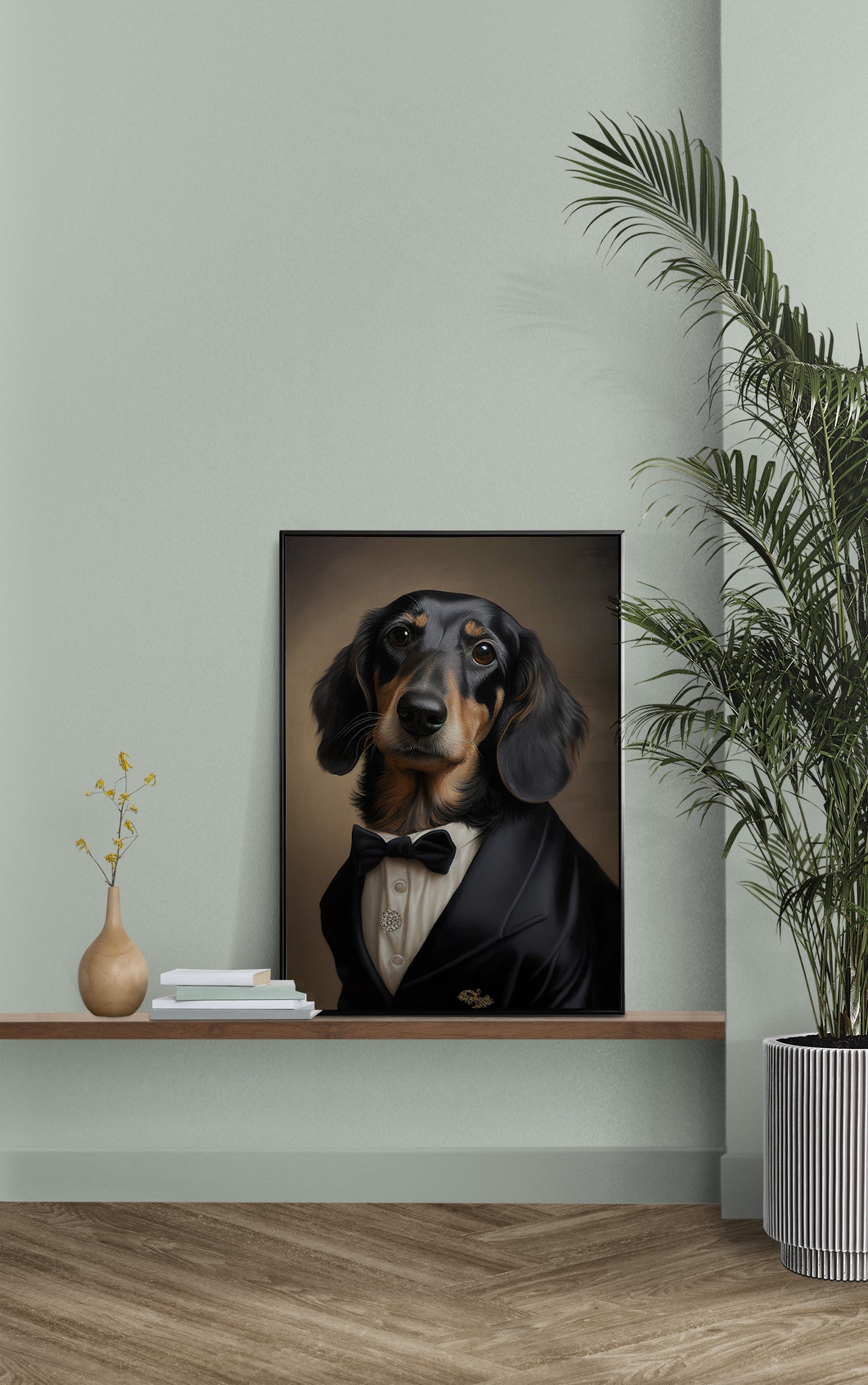 Elegant Dachshund Tuxedo Poster - Chic & Humorous Wall Art for Dog Lovers