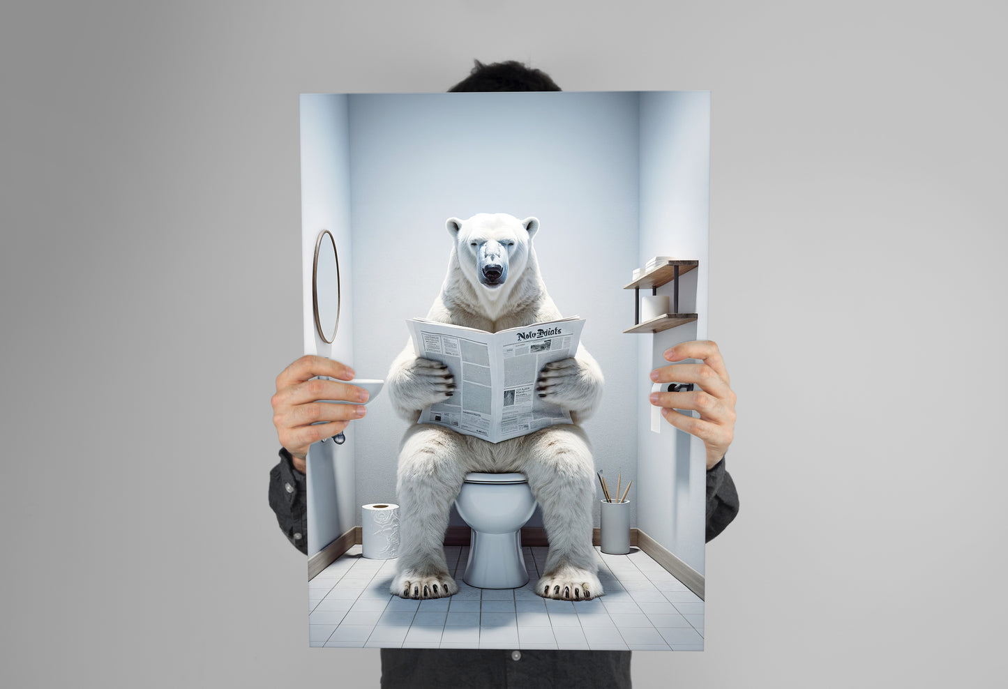 Poster d'un Ours polaire lisant le journal, Décoration Humour WC, Cadre déco Salle de bain, Cadeau Fun, Affiche Toilette