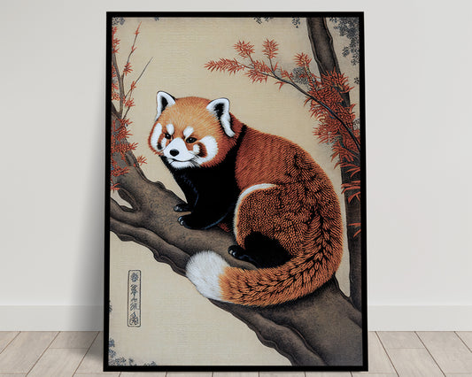 Japanese Red Panda Poster - Ukiyo-e Style Wall Art Illustration, Japan Print Decor, Red Panda Wall Decoration