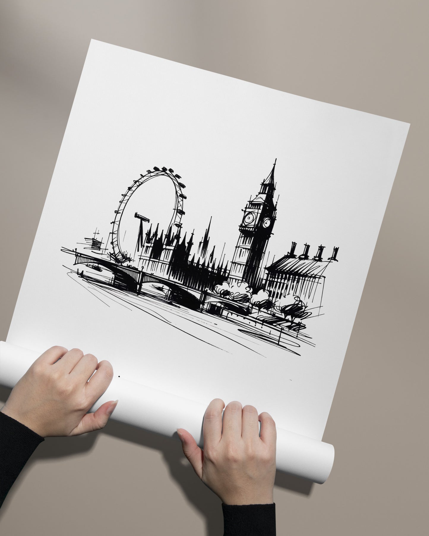 Black and White London Landmark Sketch Poster - Living Room, Bedroom, Office Wall Art - Unique Travel Gift Idea