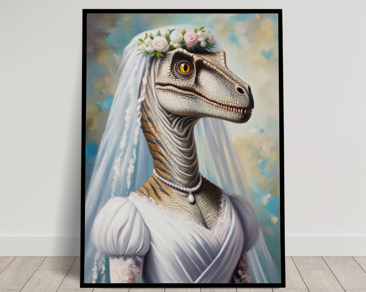 Unique Velociraptor Bride Poster - Dinosaur Wedding Dress Wall Art - Funny Animal Decor Gift