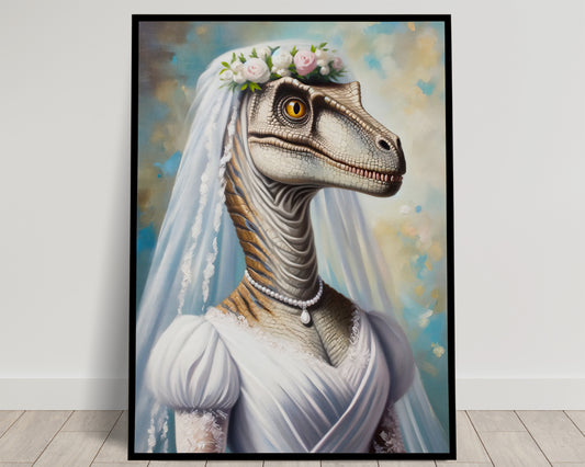 Unique Velociraptor Bride Poster - Dinosaur Wedding Dress Wall Art - Funny Animal Decor Gift