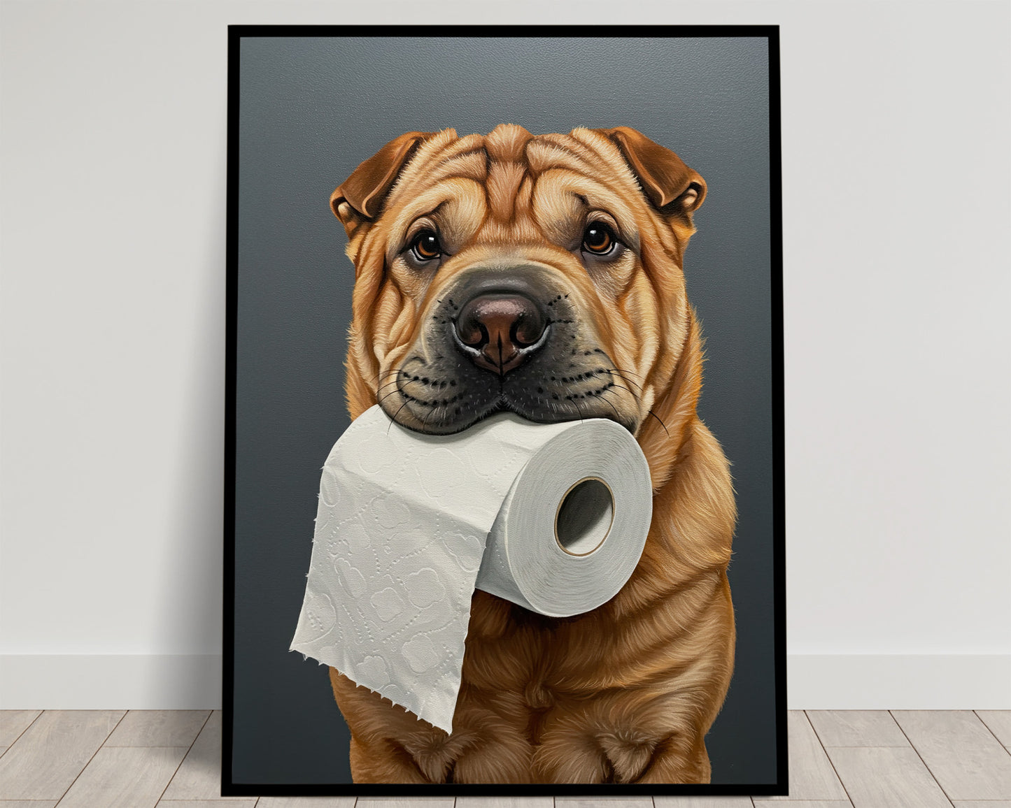 Shar Pei with toilet paper roll in mouth, Toilet Humor, Shar Pei Gifts, Bathroom Print, Dog Lover Gift, WC Wall Art, Framed Print