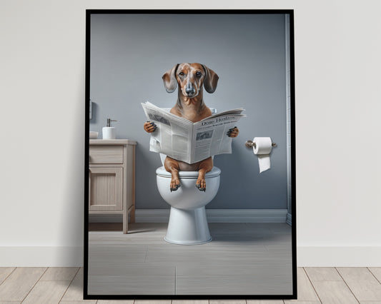 Poster Teckel Lisant le Journal, Décoration Humoristique Toilettes, Cadre Salle de Bain, Cadeau Amusant