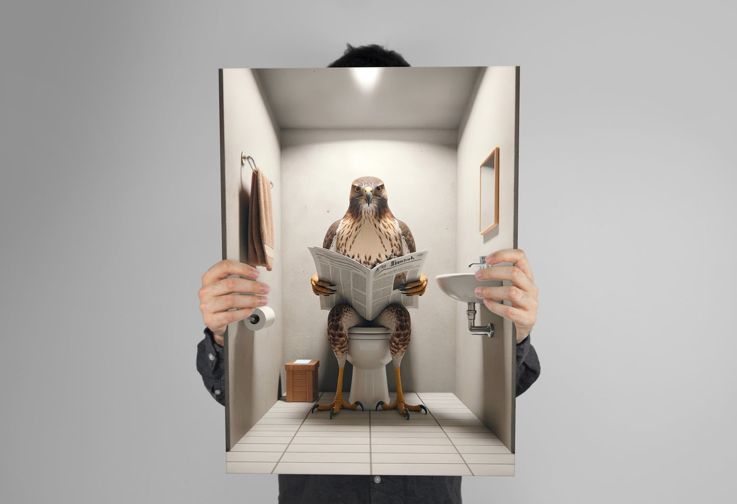 Funny Hawk Reading Newspaper Poster – Unique Bathroom Decor Wall Art, Perfect Gag Gift for Toilet or WC