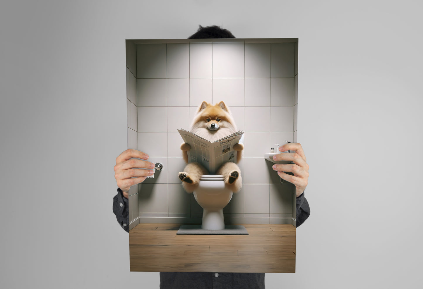 Poster Humoristique : Spitz Allemand Lisant sur les Toilettes | Décoration WC | Cadeau Original Salle de Bain