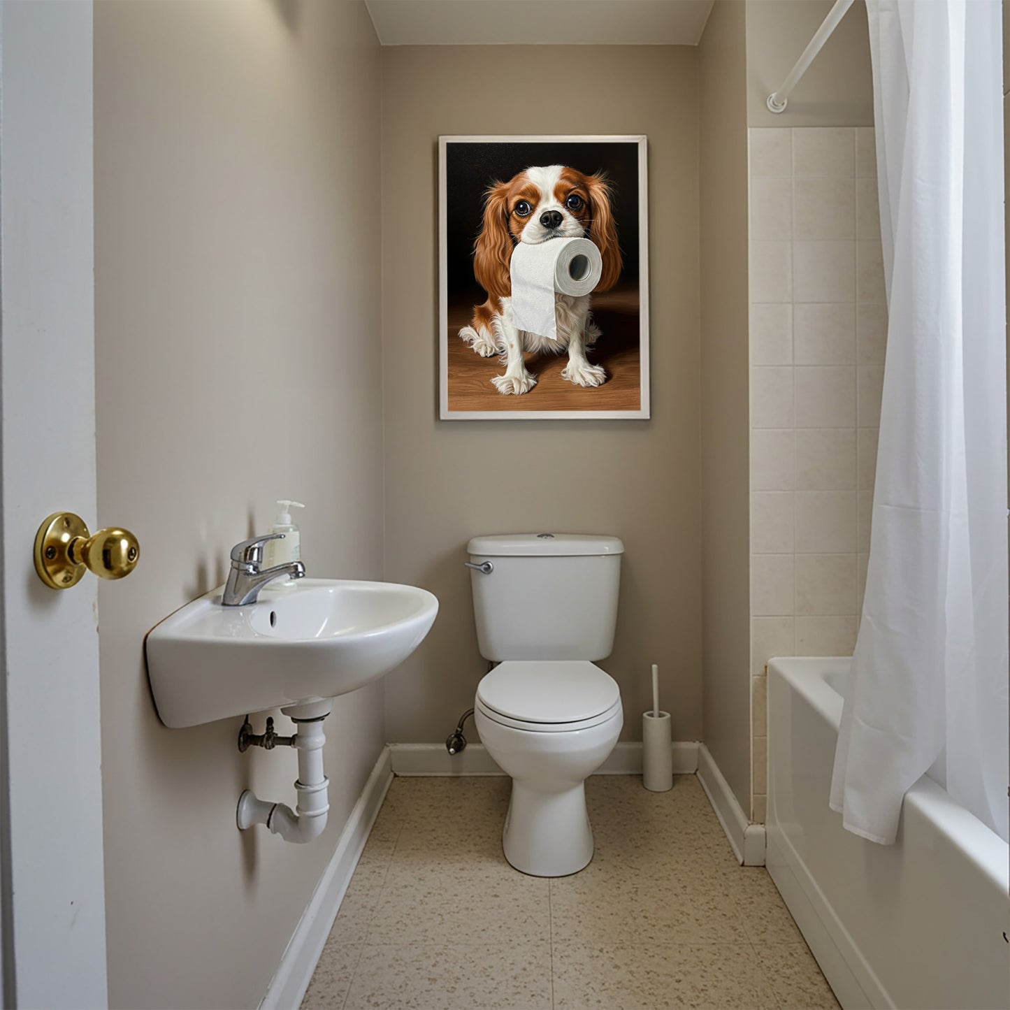 Cavalier King Charles Spaniel with toilet paper roll in mouth, Toilet Humor, CKCS Gifts, Bathroom Print, Dog Gift, WC Wall Art, Framed Print