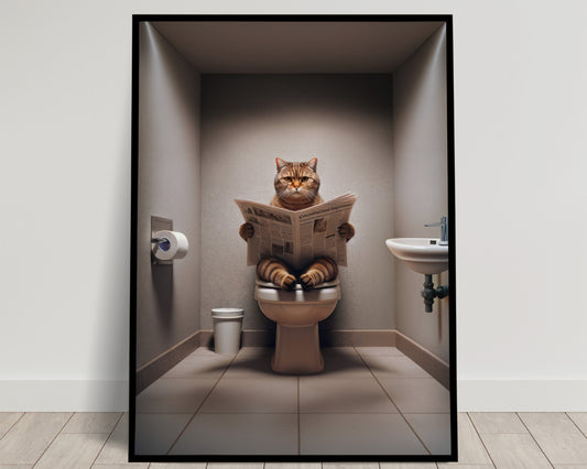 Affiche Murale Humoristique | Chat British Shorthair Brun lisant - Déco WC & Salle de Bain, Idée Cadeau